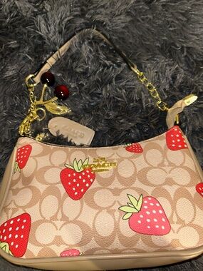 Coach Beige Signature  Bag with Red Strawberry Print